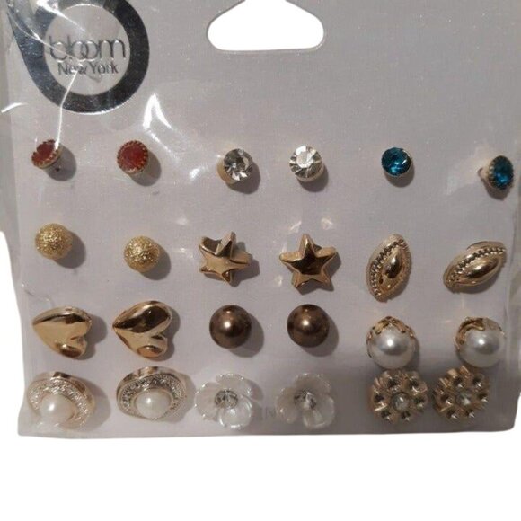 Bloom New York Womens 12 Pairs Assorted Stud Earrings Gold Pearl & Crystal Set - Picture 2 of 3